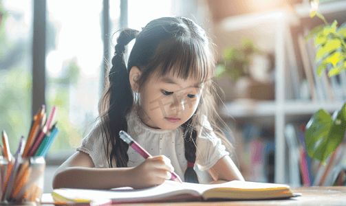 学龄前儿童摄影照片_亚洲人小女孩写作业