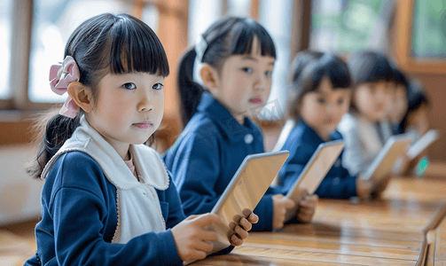 学龄儿童摄影照片_亚洲人小学生在使用平板电脑