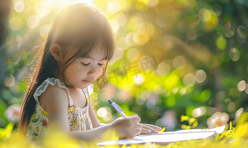 亚洲人可爱的小女孩在户外画画1