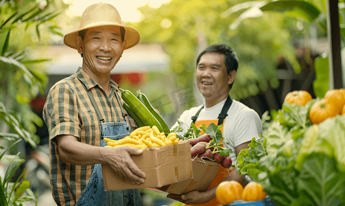 亚洲人农民将蔬菜交给快递员