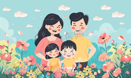 亚洲人站着花丛中的快乐一家人