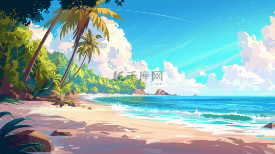 天空唯美背景背景图片_蓝色唯美户外椰树大海沙滩的背景