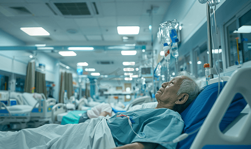 照顾住院摄影照片_亚洲人生病的老人在病房