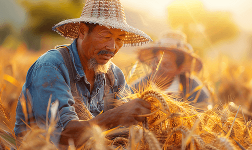 自然农民摄影照片_亚洲人农民在麦田里交流技术2