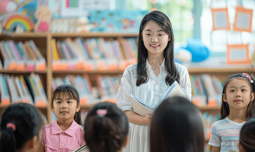 可爱女生微笑摄影照片_亚洲人乡村老师给小学生讲课