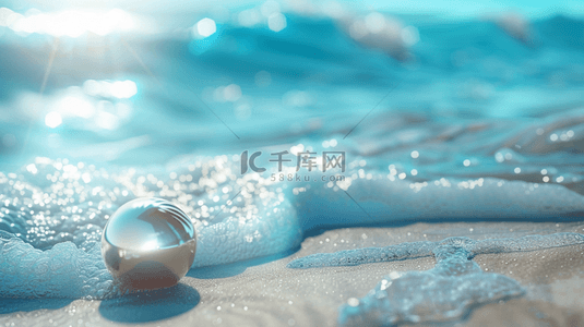 沙滩背景图片_蓝色唯美大海海边沙滩上水晶球的背景