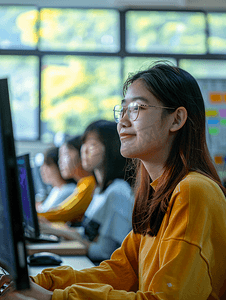 热血少年摄影照片_亚洲人学生看着电脑在线学习