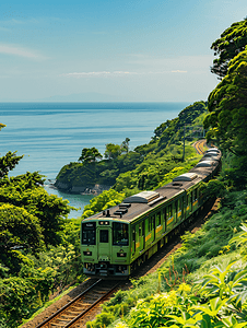 清新夏天日本镰仓湘南海岸列车摄影图