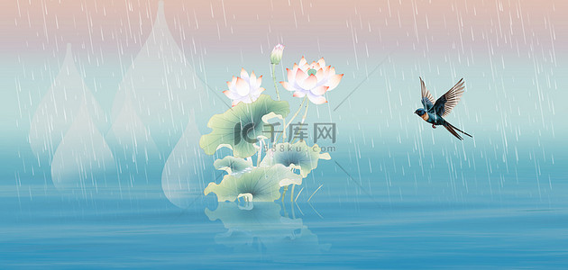 春天传统背景图片_谷雨荷花蓝色简约背景