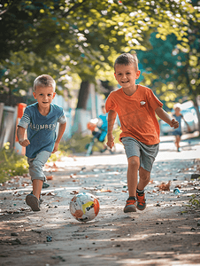 夏日两人儿童人像白天两个男孩操场一起踢球摄影图