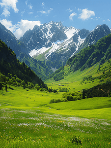 花绘画摄影照片_在阿尔卑斯山以鲜绿色的草地和白雪皑皑的山峰的田园景观