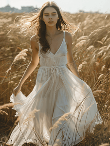 清新文艺白天穿着白裙子的美女户外草坪迎风走路摄影图