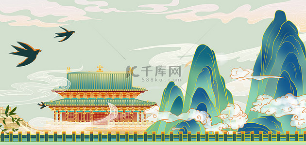 中国风背景背景图片_清明山水绿色国潮背景