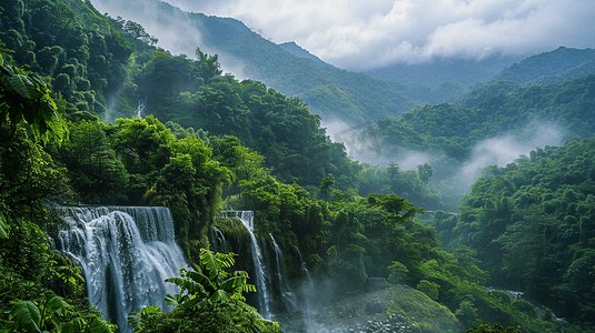 瀑布风景摄影照片_山脉瀑布景色景区山区云雾河流自然风景的摄影实拍图