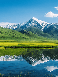 摄影照片_新疆伊犁唐布拉仙女湖草原雪山摄影图