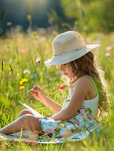 儿童美术白天可爱小女孩户外草坪写生画画摄影图 人物
