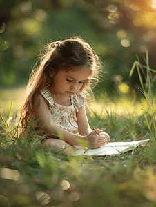 儿童美术美术摄影照片_儿童美术白天可爱小女孩户外草坪写生画画摄影图 人物