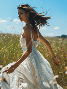 清新文艺白天穿着白裙子的美女户外草坪迎风走路摄影图