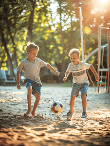 踢球的人摄影照片_夏日两人儿童人像白天两个男孩操场一起踢球摄影图