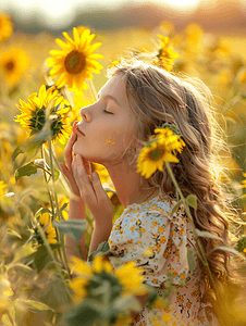 头像光圈摄影照片_少女闻着向日葵的花香