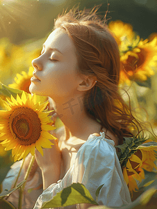 古典背景摄影照片_少女闻着向日葵的花香