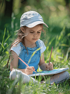 儿童美术白天可爱小女孩户外草坪写生画画摄影图 人物