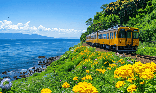 日本旅游摄影照片_清新夏天日本镰仓湘南海岸列车摄影图