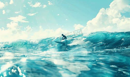 水波浪摄影照片_夏天在蓝色的海洋波浪冲浪者