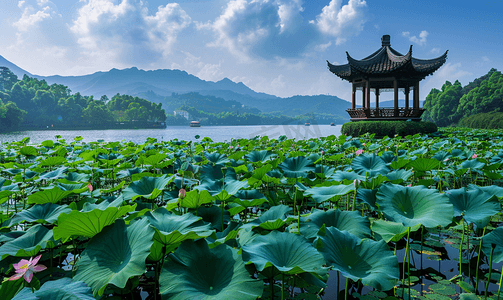 亭子摄影照片_杭州西湖曲院风荷荷花摄影图摄影图