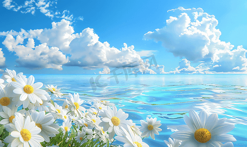 唯美蓝天白云下的花朵花海自然风景