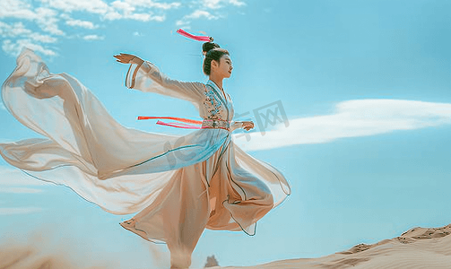 中国传统文化白天敦煌飞天美女室内飞天姿势摄影图