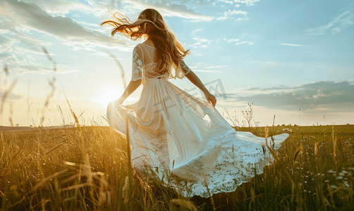 小裙子摄影照片_清新文艺白天穿着白裙子的美女户外草坪迎风走路摄影图