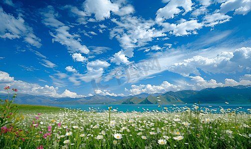 新疆伊犁巩留县核桃沟景区的蓝天白云和花海摄影图