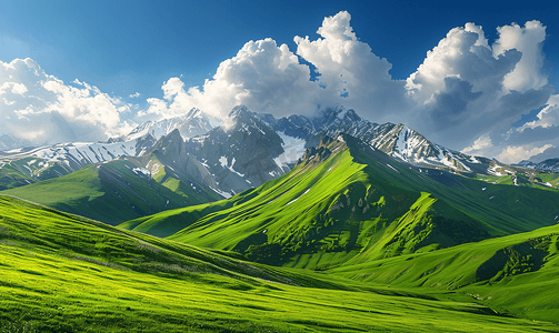在阿尔卑斯山以鲜绿色的草地和白雪皑皑的山峰的田园景观
