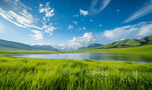 新疆伊犁唐布拉仙女湖草原雪山摄影图