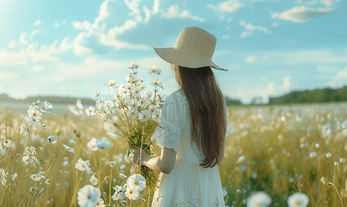 夏天户外抱着鲜花等人的女孩