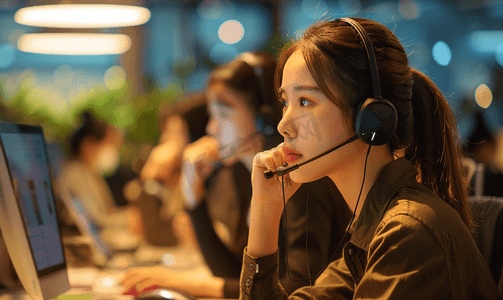 客户服务摄影照片_美丽的中国客户服务坐在办公室的座位上接听电话