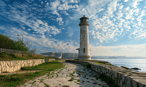 旅游背景摄影照片_日照海边灯塔摄影图