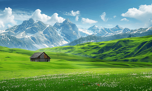 雪摄影照片_在阿尔卑斯山以鲜绿色的草地和白雪皑皑的山峰的田园景观