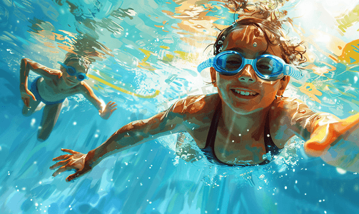 夏天泳池摄影照片_小孩子练习游泳