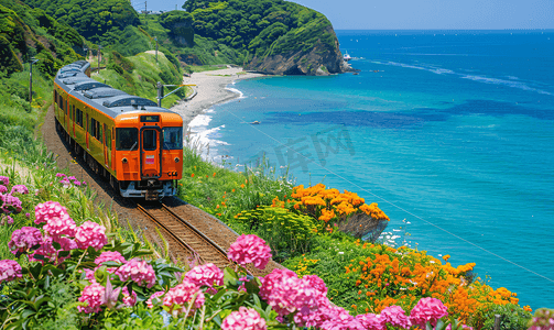 清新夏天日本镰仓湘南海岸列车摄影图