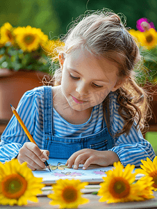 夏儿童摄影照片_向日葵里画画的孩子