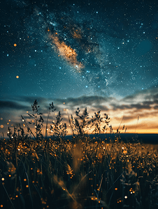 星空半夜银河草原移动摄影图