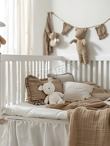 婴儿卧室与木制婴儿床摄影图