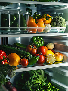冰箱存放的水果蔬菜摄影照片