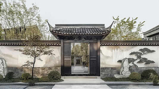 中式建筑古风门立体描绘摄影照片