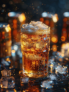 可乐图片摄影照片_冰块和可乐的啤酒杯图片