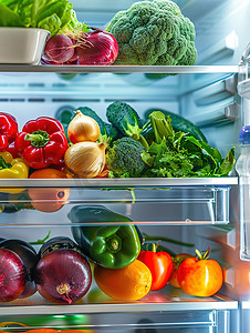 冰箱存放的水果蔬菜摄影图