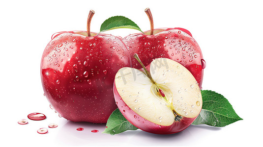 国庆水果拼盘摄影照片_白色背景带有水滴的苹果高清图片