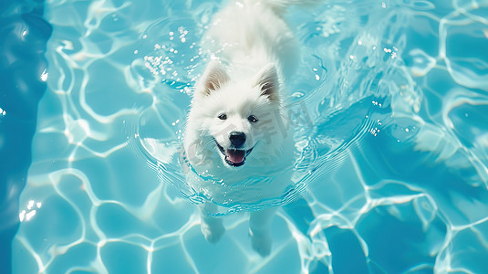 一只小狗在泳池游泳照片